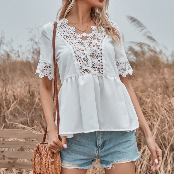 boho floral print lace babydoll peplum white top - Picture 2 of 5